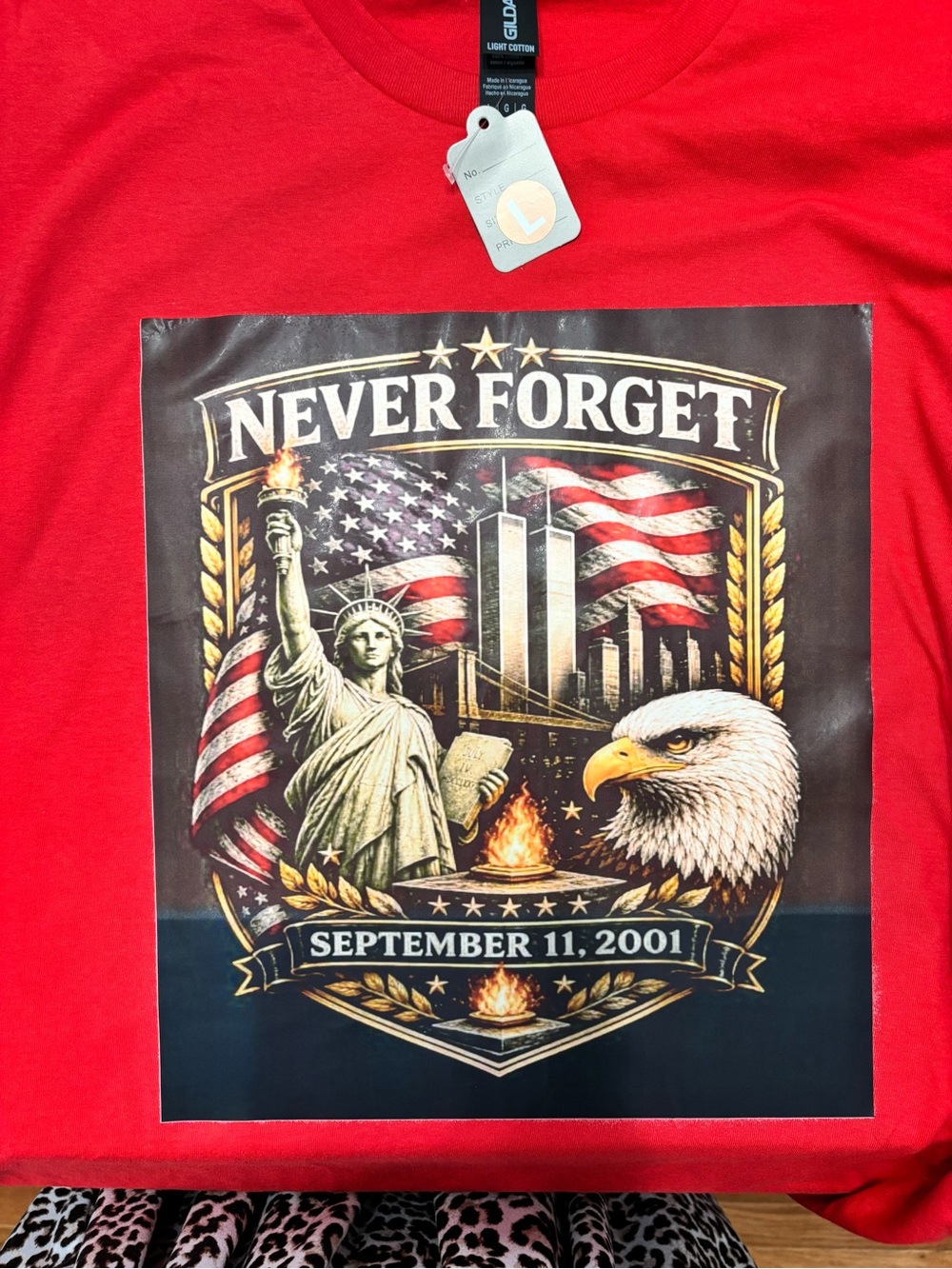 NEW Never Forget Red Graphic Tee - Patriotic September 11 Tribute